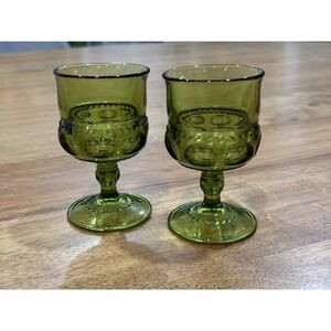 Indiana Kings Crown Avocado Green Glass Juice  2 Thumbprint Goblets 4.5" Vintage
